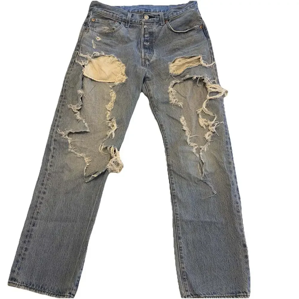 Y2KLevis 501 ButtonFly Blue Jeans W34 /L28 Funky Grunge Distressed Made 11/09